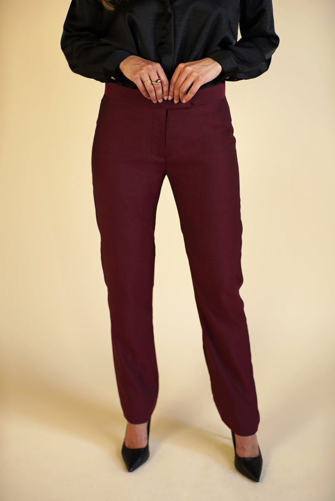 cigarette style slim pants with custom maroon color and tab closure