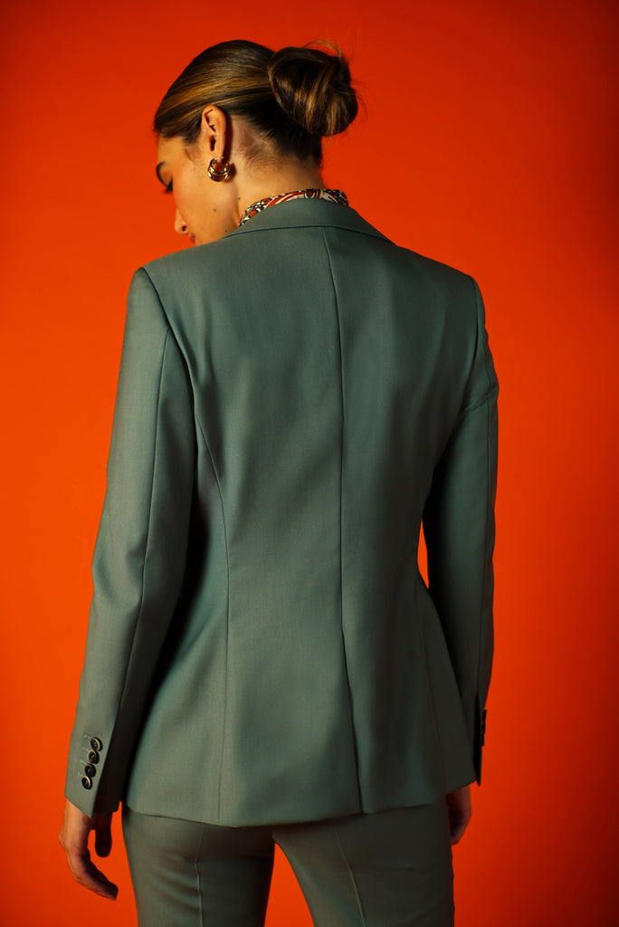 back view of dressy blazer in custom olive green color