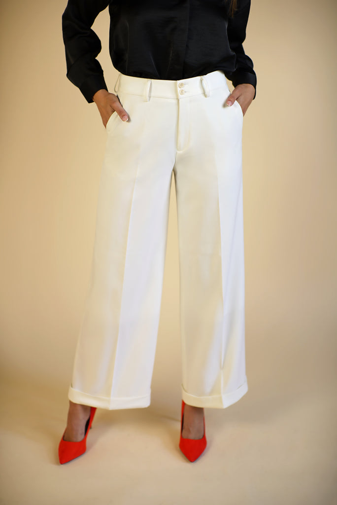 cuffed wide leg cropped pant in custom white color with double button closure